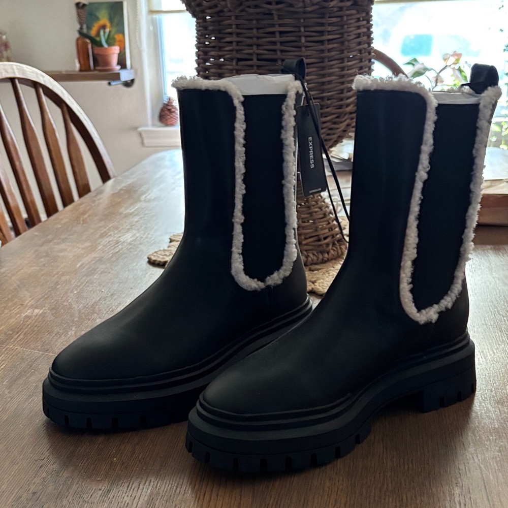 Express Black and White Shearling-Lined Combat Boots